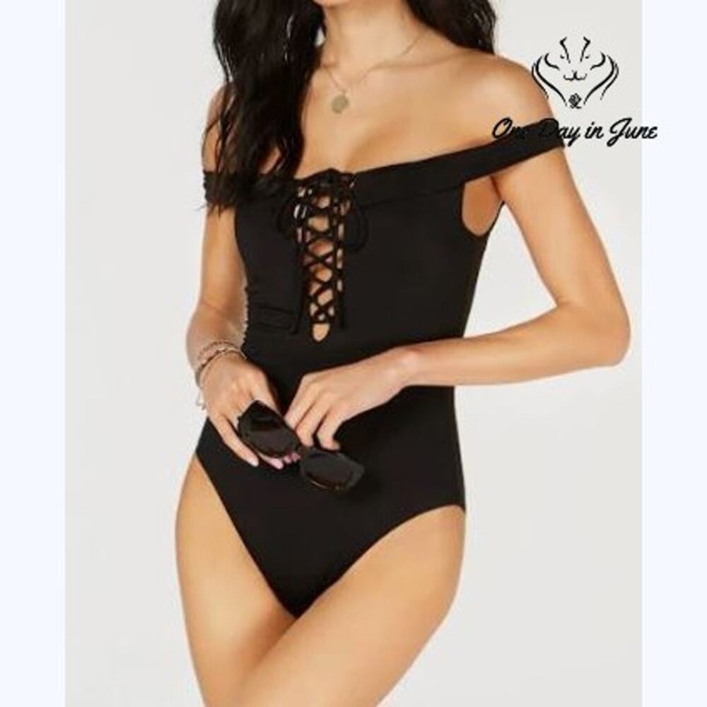 Bar III Core Solids Off Shoulder Lace Up One Piece Swimsuit Black NWT Size M